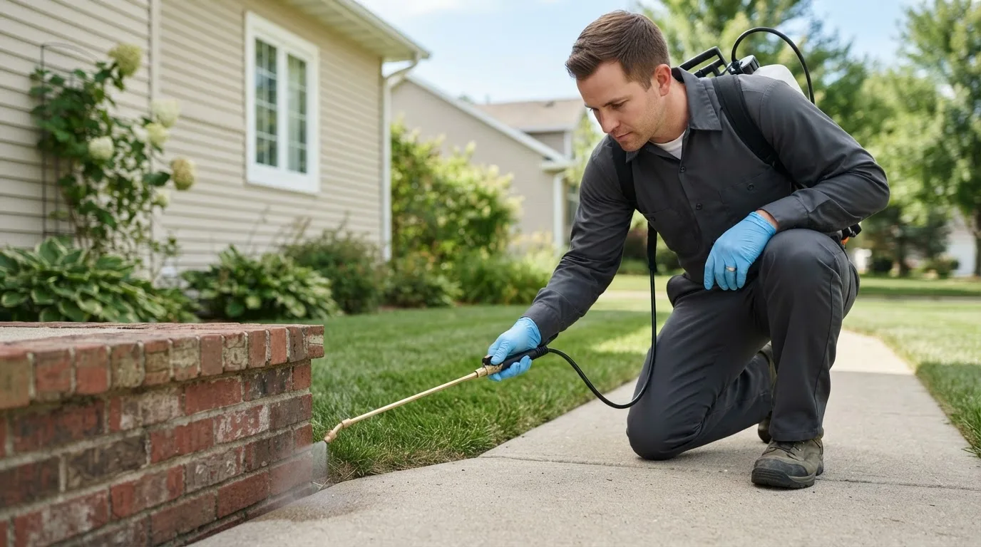 Pest control technician treating a home near Purmela, TX