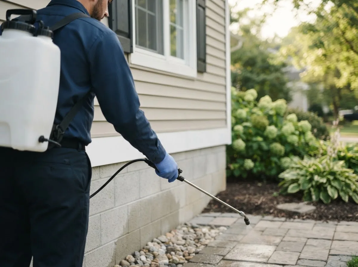 Pest control technician inspecting a home in Purmela, TX